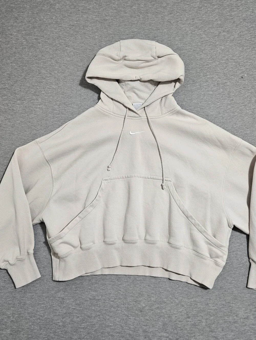 Nike Women's Light Cream Cropped Hoodie with White Swoosh Oversized Size Small